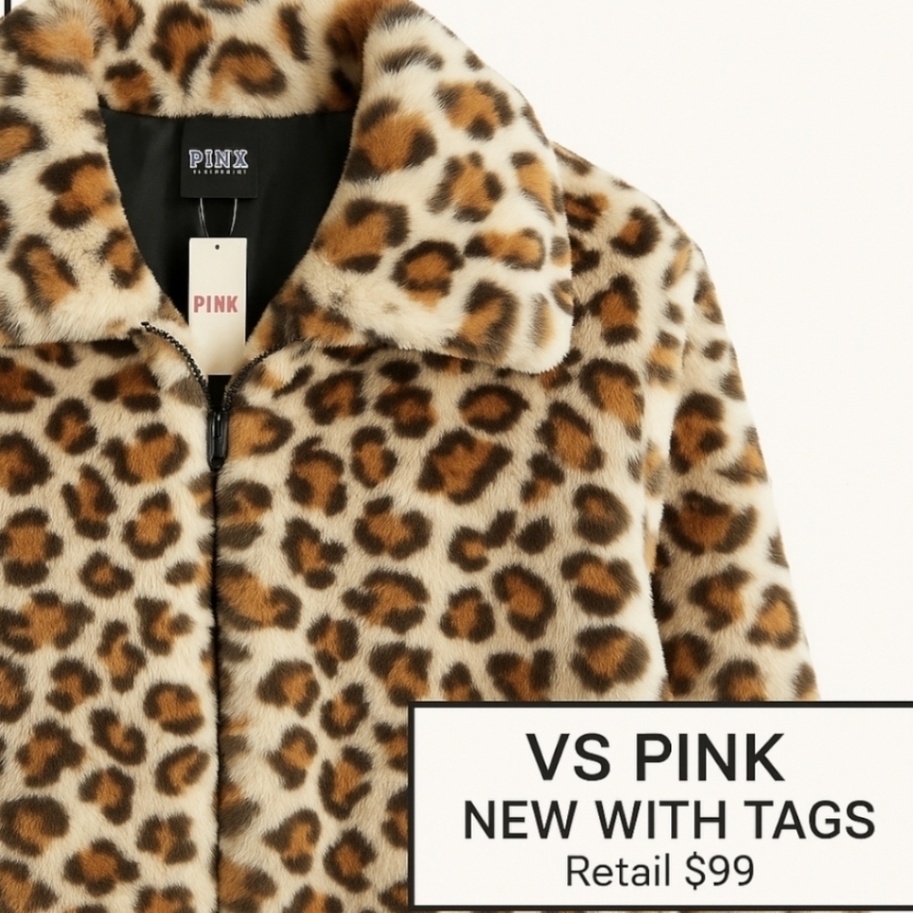 VS Pink Leopard Faux Fur Jacket L • Super Soft Cropped Coat • NWT • Stand Collar - Picture 8 of 15